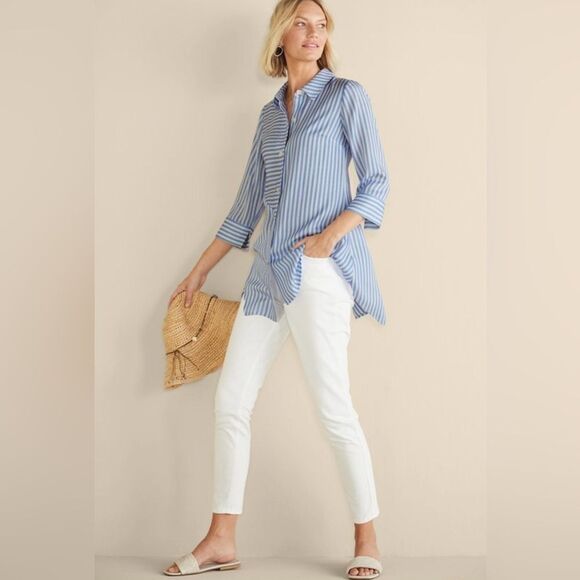 Soft Surroundings 1X On Pointe Palace Blue White Striped Button Details Tunic - Picture 6 of 16